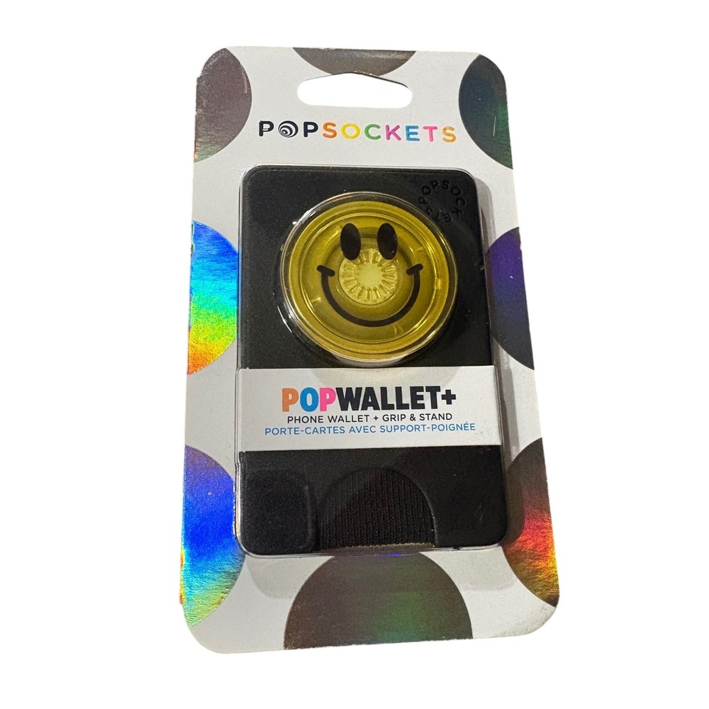 NWT PopSockets PopWallet+ Phone Grip Stand Unisex OS Black Yellow Smiley Face